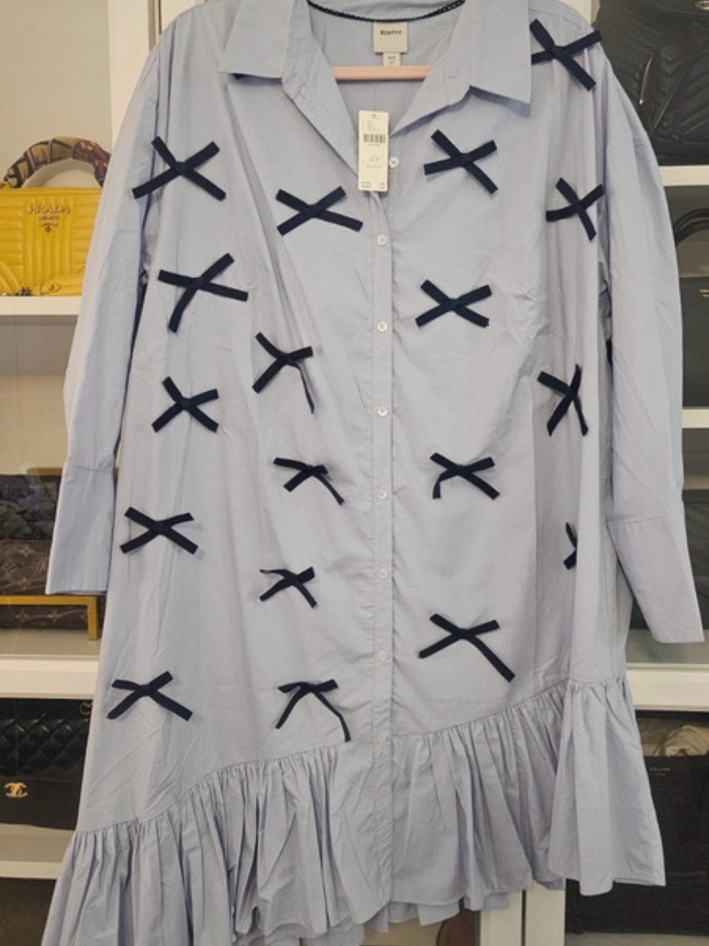 Anthropologie Maeve Light Blue Button-Front Shirt Dress with Navy Bow Trim